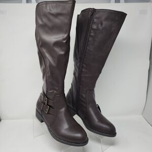 Style & Co Riding Boots Womens 6.5 Brown Faux Leather Zip Buckle High Knee Shoes